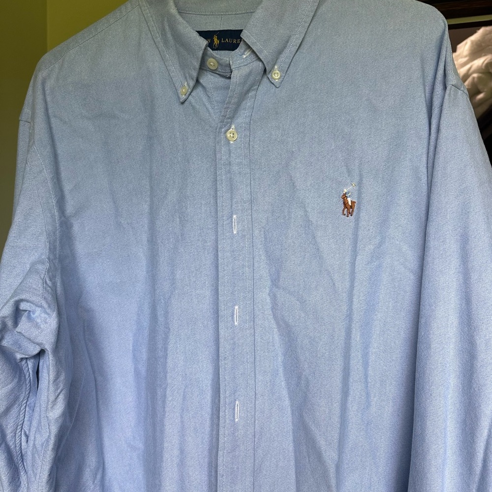 Ralph Lauren Blue Button Down Shirt Embroidered Logo, heavier material